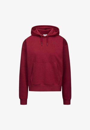 Felpa borgogna in pile con tasca frontale, cappuccio regolabile con coulisse e polsini a costine. Presenta un logo discreto sul petto.