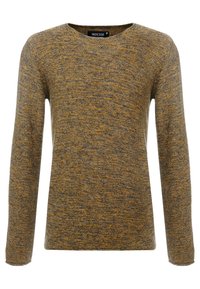 Pull en maille jaune moutarde et gris avec un col rond et des manches longues. Tissu texturé avec un motif subtil.