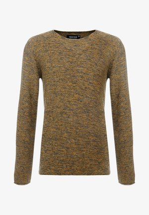 Strickpullover in Senf und Grau mit rundem Ausschnitt und langen Ärmeln. Strukturierter Stoff mit dezentem Muster.