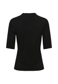 Black short-sleeve shirt shown from the back with a straight hem and simple, fitted design against a white background.