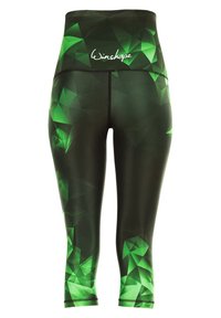 Hochtaillierte Leggings in Dunkelgrün mit einem geometrischen Muster aus hellgrünen Dreiecken; aus dehnbarem, glattem Stoff mit einem Logo.