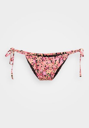 Bikini bottom with pink and yellow floral pattern on a black background, featuring side ties and gathered detailing for adjustable fit.