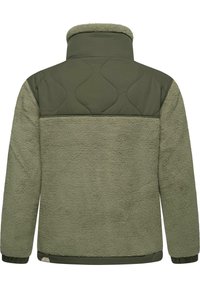 Roheline fliiskjakker, mille alumine osa on tekstuuriga ja karvane, ülemine osa aga sile ja tikitud. Seisav krae ja elastsed mansetid.