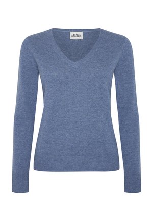 Maglione blu a maniche lunghe con scollatura a V, con polsini e orlo a coste, realizzato in morbido tessuto lavorato a maglia.
