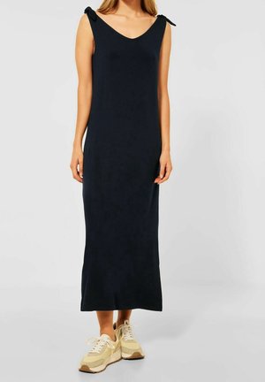 Marineblå maxikjole uden ærmer med V-hals og bindestropper. Fremstillet af blødt stof, har en slank pasform og design til ankellængde.