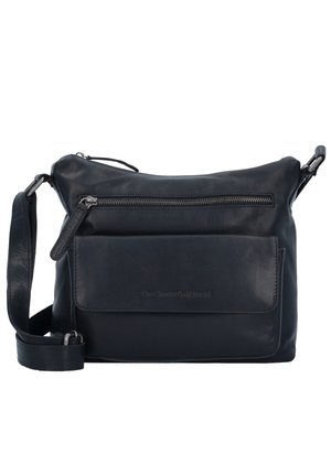 Borsa a tracolla in pelle nera con chiusura zip, tasca frontale e tracolla regolabile. Texture liscia con un sottile dettaglio di branding.
