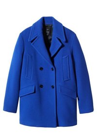 Blauwe dubbelgeknoopte wollen jas met een grote geknipte kraag, twee voorzakken en zes zwarte knopen, met een gladde textuur en een getailleerd ontwerp.