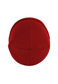 Red knitted beanie with a rounded shape and a seamless top. The material appears stretchy with a smooth texture and no visible patterns.