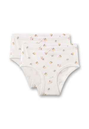Zwei weiße Baumwoll-Unterwäschepaare mit einem Blumenmuster in Pink und Gelb. Sie haben einen weichen elastischen Bund und eine kleine rosa Schleife als Akzent.