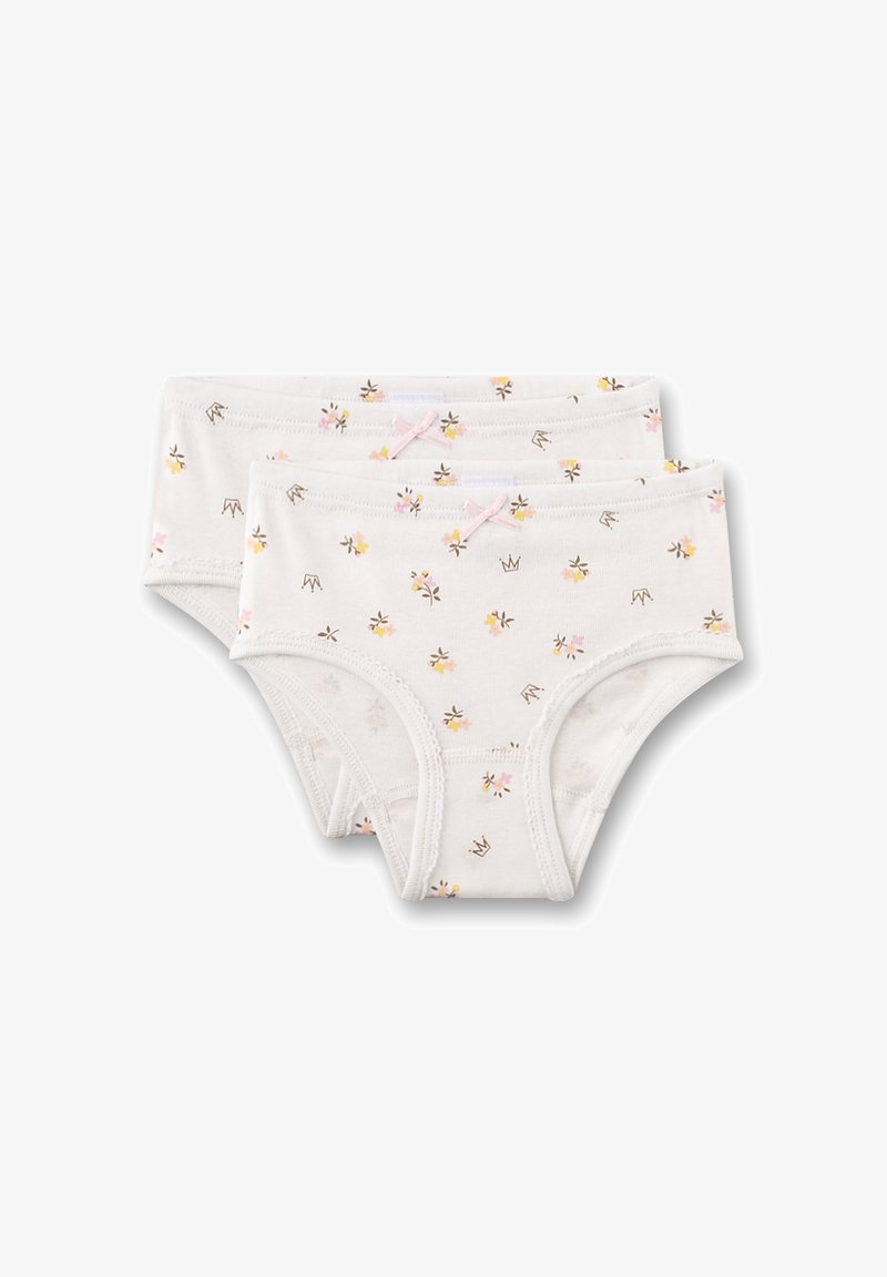 Zwei weiße Baumwoll-Unterwäschepaare mit einem Blumenmuster in Pink und Gelb. Sie haben einen weichen elastischen Bund und eine kleine rosa Schleife als Akzent.