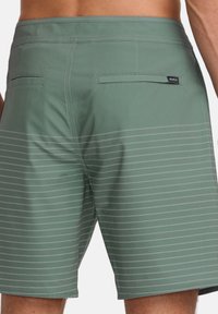 Bañador verde con rayas grises horizontales. Presenta dos bolsillos traseros y una pequeña etiqueta de la marca en la cinturilla. Tejido de textura suave.