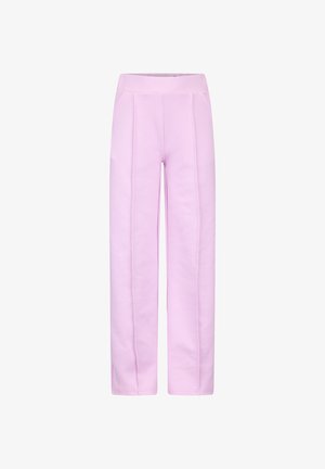 Pantalon droit taille haute violet clair avec des coutures verticales sur le devant, présenté sur fond blanc.