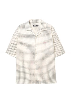Kortærmet skjorte med knapper i et cremegult og sort rutenetmønster, prydet med rød broderi, blød tekstur og en klassisk kravedesign.