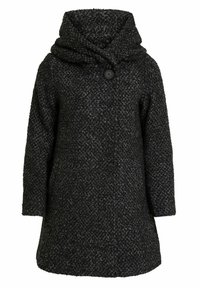 Svart och grått vävt yllekappa med stor huva, enkel knappstängning och avslappnad passform. Har ett strukturerat mönster genom hela.