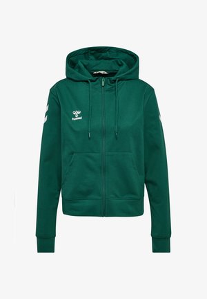 Grön zip-up hoodie med framfickor, dragsko i huvan, vit Hummel-logotyp på bröstet och vita chevronränder på båda ärmarna.