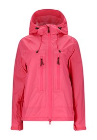Veste imperméable rose vif avec capuche, fermeture éclair frontale, deux poches poitrine verticales zippées et cordons ajustables sur la capuche.