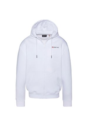 Haut à zip blanc en tissu doux. Doté d'un logo à l'avant, de cordons de serrage réglables et de deux poches à l'avant. Design classique avec des poignets côtelés.