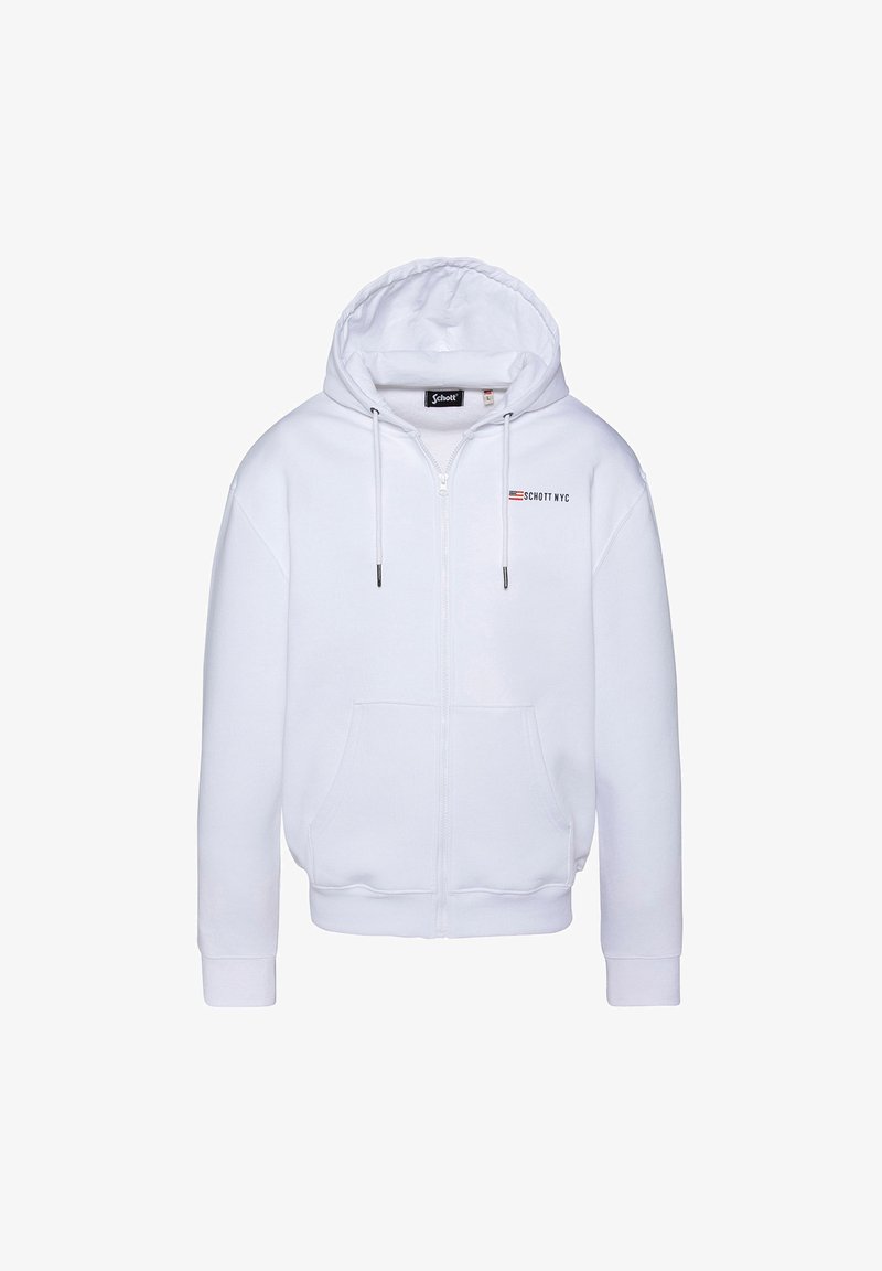 Haut à zip blanc en tissu doux. Doté d'un logo à l'avant, de cordons de serrage réglables et de deux poches à l'avant. Design classique avec des poignets côtelés.