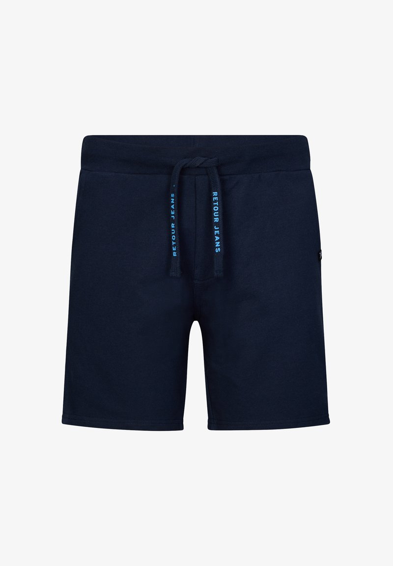 Granatowe bawełniane szorty z elastycznym paskiem, z jasnoniebieskim logo "RETOUR JEANS". Gładka tekstura, prosty krój, długość do kolan.