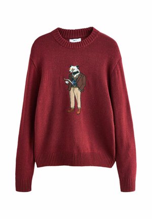 Burgundy knit sweater with ribbed cuffs and hem, featuring an embroidered anthropomorphic badger wearing glasses, a blazer, sweater vest, and pants.