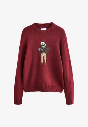 Burgundy knit sweater with ribbed cuffs and hem, featuring an embroidered anthropomorphic badger wearing glasses, a blazer, sweater vest, and pants.