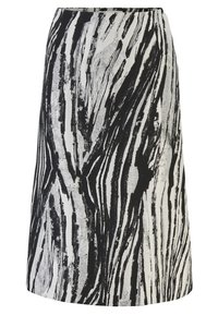 Jupe noire et blanche jusqu'aux genoux avec un motif abstrait en rayures semblables à du marbre et une silhouette droite.