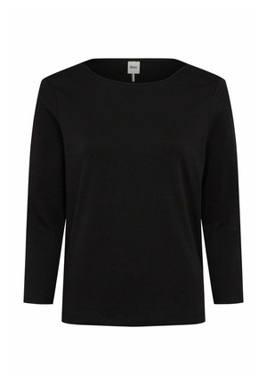 Schwarzes Langarmshirt mit rundem Ausschnitt. Aus weichem Material gefertigt, hat eine lockere Passform und einen gerippten Saum. Einfaches Design, keine Muster.