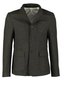Dunkelbrauner Wollblazer mit Reverskragen, zwei Vorder pockets und Knopfverschluss. Verfügt über texturierten Stoff und eine Brusttasche.