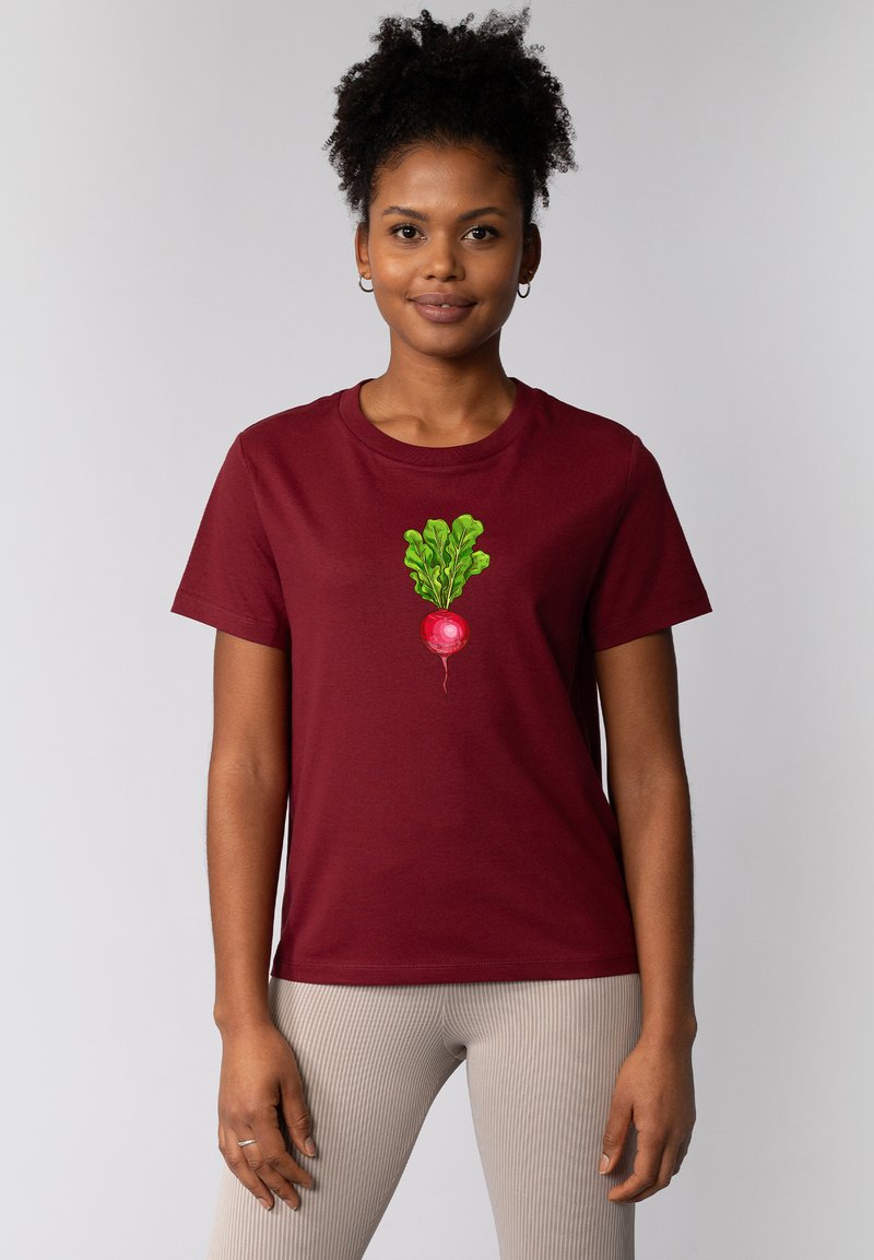 Burgunderfarbene Baumwoll-T-Shirt mit einem grünen und roten Radieschen-Graphic auf der Vorderseite, Rundhals und kurzen Ärmeln. Glatte Textur, lockere Passform.