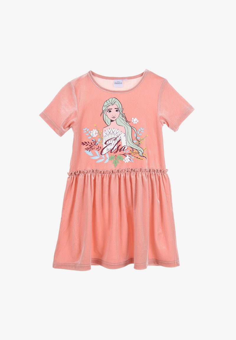 Robe rose à manches courtes avec taille froncée, présentant une illustration d'un personnage, des accents floraux et le texte "Elsa" à l'avant.