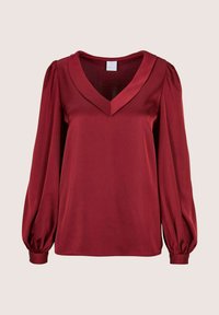 Bordeaux Satinbluse mit V-Ausschnitt, gepufften langen Ärmeln und einem lockeren Schnitt. Hervorzuheben sind die glatte Textur und die eleganten Designmerkmale.