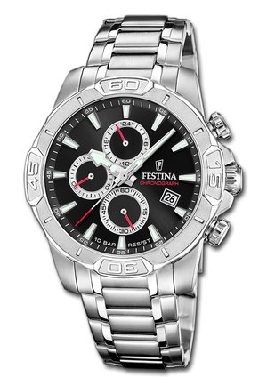 Orologio da polso cronografo Festina in argento con quadrante nero, tre quadranti secondari, lancette e indicatori luminescenti, datario e cinturino in acciaio inossidabile a maglie.