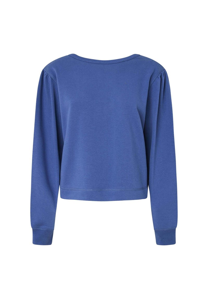 Blauwe langemouwpullover met een ronde halslijn en textiele stof. Bevat gathered details op de schouders en een korte zoom.