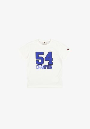T-shirt bianco a maniche corte con un evidente design blu "54" e la scritta "CHAMPION". Realizzato in tessuto morbido con un dettaglio del logo sulla manica.