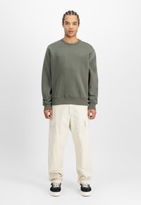 Felpa verde oliva con collo a giro e polsini a coste, abbinata a pantaloni cargo beige con tasche laterali e sneakers nere.
