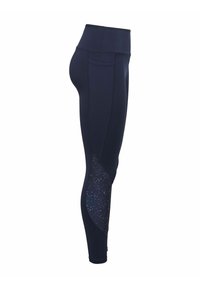 Leggings blu con cintura alta, caratterizzati da un pannello laterale testurizzato con un motivo a macchie. Realizzati in un tessuto elastico e traspirante.