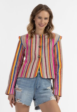 Giacca a strisce colorata con sfumature di rosa, rosso, blu e giallo. Presenta un tessuto testurizzato, bottoni e un design cropped con accenti sulle spalle.