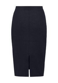 Jupe crayon noire longueur genou avec couture centrale avant et petite fente devant à l'ourlet, ceinture simple, sans motifs ni ornements.