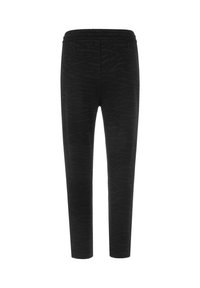 Schwarze Jogginghosen mit einem strukturierten Zebramuster, ausgestattet mit einem elastischen Bund und einem zulaufenden Bein. Weiches Stoffmaterial.