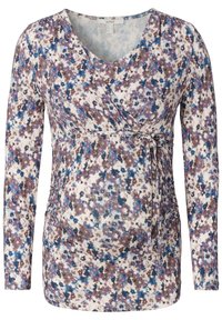 Top de maternidade com um padrão floral em azul, castanho e branco, com decote em V, mangas longas e franzidos laterais para uma silhueta ajustada.