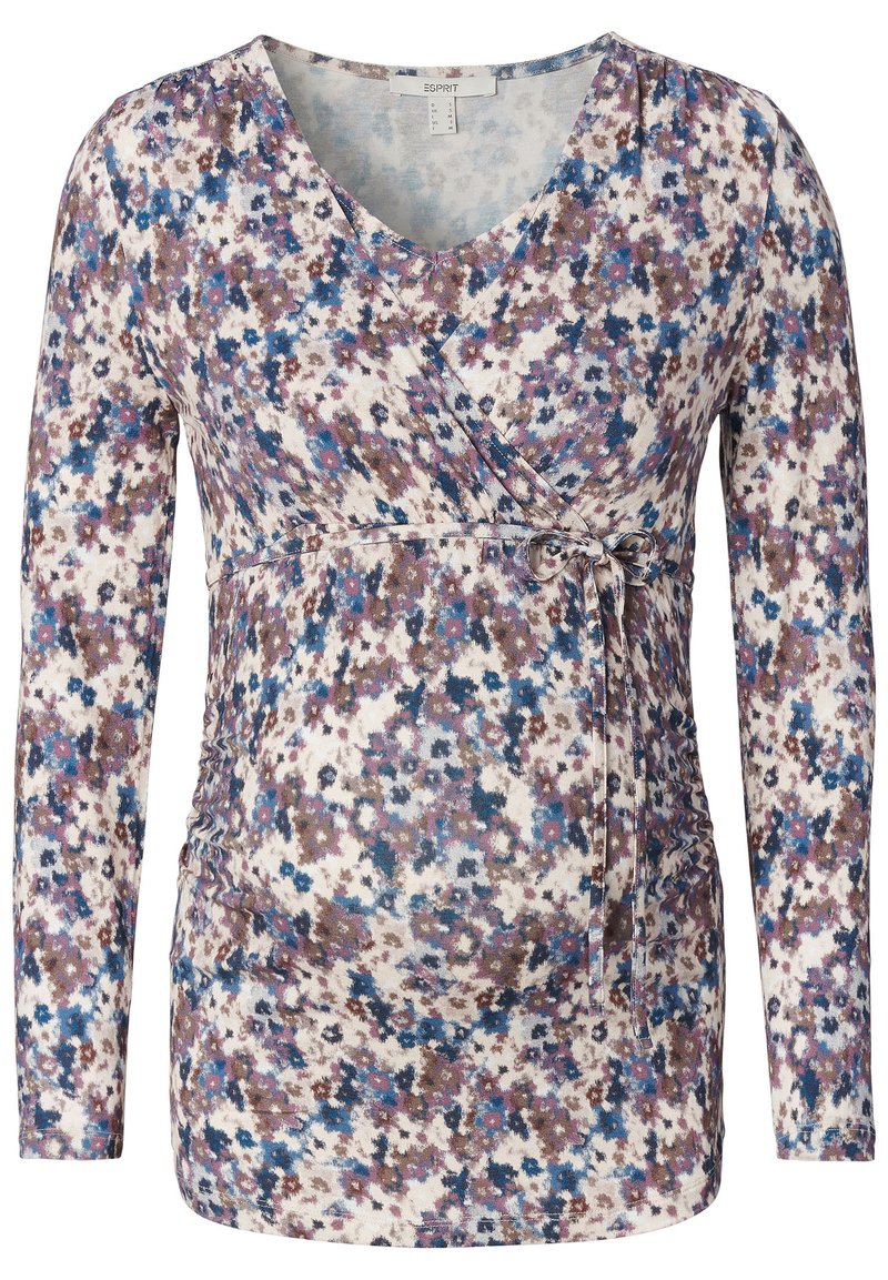 Top de maternidade com um padrão floral em azul, castanho e branco, com decote em V, mangas longas e franzidos laterais para uma silhueta ajustada.