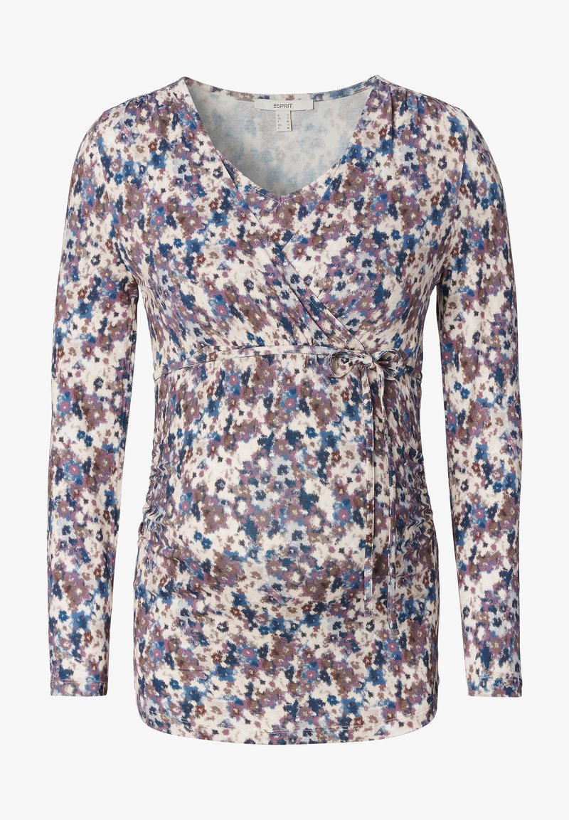 Top de maternidade com um padrão floral em azul, castanho e branco, com decote em V, mangas longas e franzidos laterais para uma silhueta ajustada.