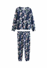 Ensemble de pyjama floral avec une base bleu marine et des motifs de fleurs roses et blanches ; comprend un haut à manches longues et un pantalon à taille élastique.