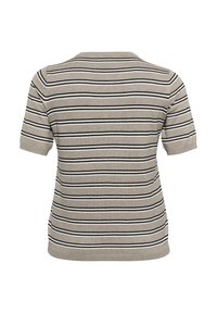 Gestreept top met korte mouwen in beige, met smalle zwart-witte strepen, een ronde hals en een zachte, textuurachtige stof.
