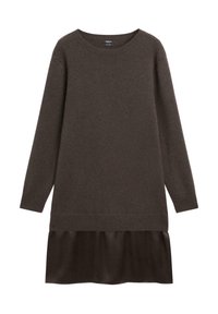 Ciemnobrązowa, dzianinowa sukienka z długim rękawem, z prążkowanymi mankietami i dołem, z marszczonym panelem materiału na dole.