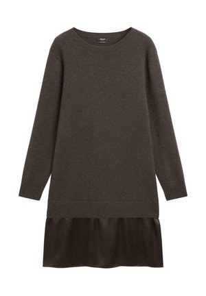 Mörkbrun långärmad stickad tröjklänning med ribbade muddar och fåll, med en draperad tygpanel längst ner.