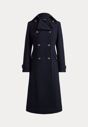 Cappotto navy in lana con design doppiopetto, bottoni dorati, collo ampio, tasche laterali e maniche lunghe con polsini bottonati.