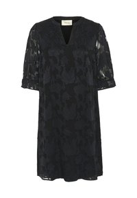 Vestito nero con ricami floreali, maniche corte in pizzo trasparente, scollatura a V e vestibilità ampia. Tessuto morbido con un design a strati.