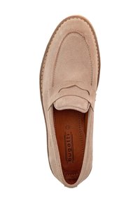 Beige Wildleder Slipperschuh mit abgerundetem Zeh und geprägtem Markenlogo. Verfügt über eine tonale Naht und ein weiches Innenfutter.