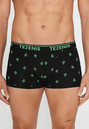 Männlicher Torso trägt schwarze Boxershorts mit grünen Kaktusmustern und einem schwarzen Bund mit grünem "TEZENIS"-Branding.